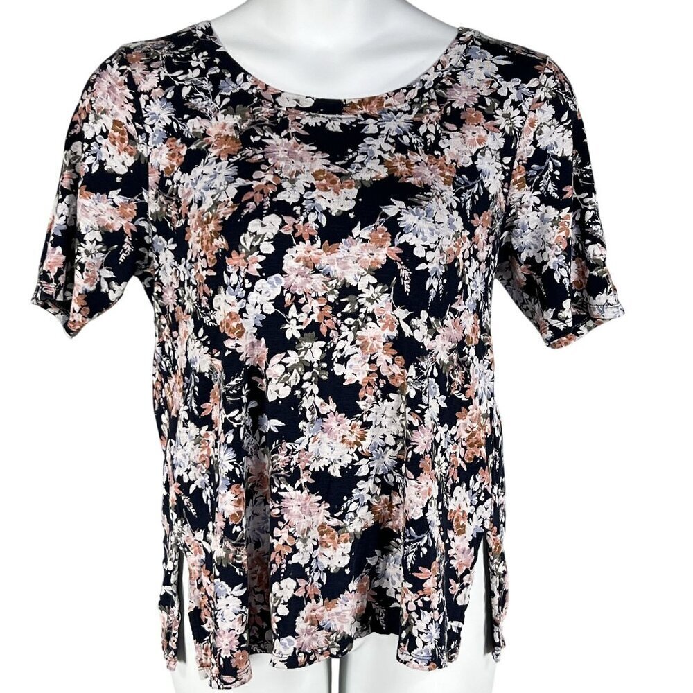J Jill Womens L Scoop Neck Top Elbow Sleeve Tee Pima Cotton Pullover Bloomcore